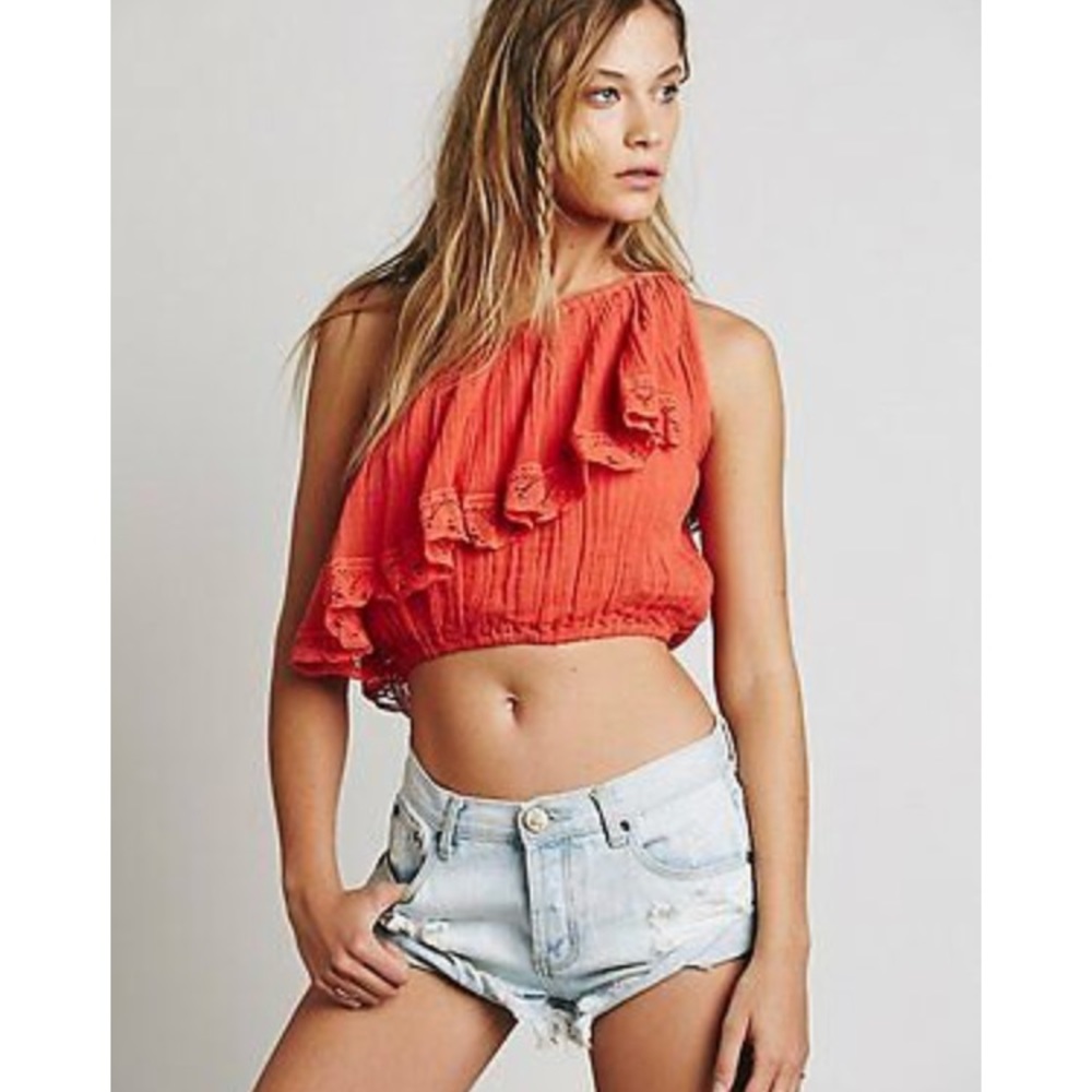 Jen’s Pirate booty coral gauze one shoulder crop